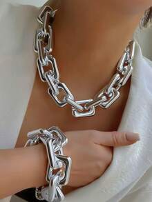 2pcs Vintage Fashionable Exaggerated Hip-Hop Style Metal Hollow Geometric Chain Necklace & Bracelet 2-In-1 Gold Jewelry Set, Minimalist Punk Street Style Layered Choker Necklace, Suitable For Parties, Dates, Holidays, Gifts