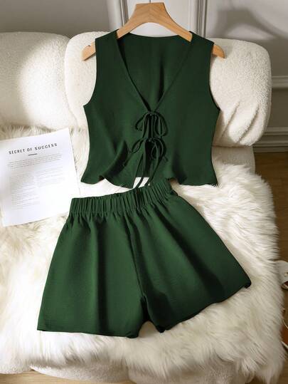 مجموعة من قطعتين ملابس كاجوال للنساء بلون أحادي، مناسبة للربيع والصيف