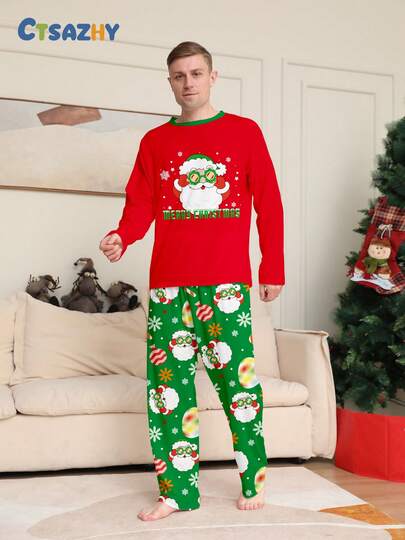 New Christmas Element Men's Pajama Set, Santa Claus Allover Print Top And Matching Allover Print Pants, Comfortable Homewear 2 Pisces Set, Winter Clothes