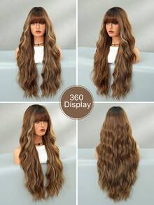 7JHH WIGS Stylish Golden Brown Ombre Wigs Extra Long Wavy Wig With Bangs Dark Roots, High Density Heat-Resistant Fiber Hair, Fluffy Natural Synthetic Wave Curly Wigs For Women Daily Party Use 28 Inch Wig Accessories - 漸層棕色 - 查看 5