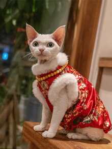 Chinese Style New Year Festive Cat Velvet Cheongsam, Warm And Anti-Licking, Suitable For Hairless Sphynx Cats