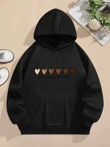 Sudadera grafica estampado  gráfico corazón y letras sencillas "gather here truth grateful heart"  con gorro mujer básica negra casual cómoda manga larga basico - Negro - Ver 1