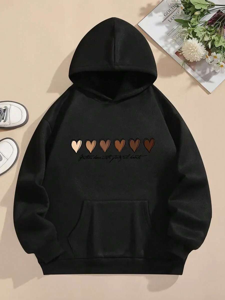 Sudadera grafica estampado gráfico corazón y letras sencillas "gather here truth grateful heart" con gorro mujer básica negra casual cómoda manga larga basico - Negro - Ver 1