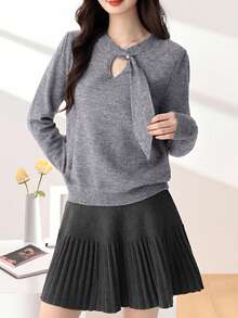 Grey Ribbon Sleeve Hollow Out Knit Sweater For Women, Soft Base Layer, Commuter Style, Autumn/Winter
