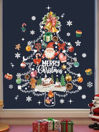 1套圣诞树窗贴圣诞老人和圣诞铃铛PVC圣诞贴花可移除DIY静态墙贴圣诞装饰家居2025商店橱窗装饰2026新年装饰