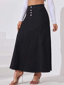 Women's Elastic Long Dress, Front Buttoned Half-Length Long Skirt, Large Flared Skirt, Umbrella Skirt. - màu đen - Xem 5