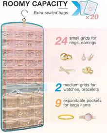 Hanging Jewelry Organizer, Necklace Holder Anti- Earrings Rings Hanger with 20 Jewelry Bags Travel Storage Roll with Pockets Hang on Closet, Wall, Door,1 Piece, Large, Black