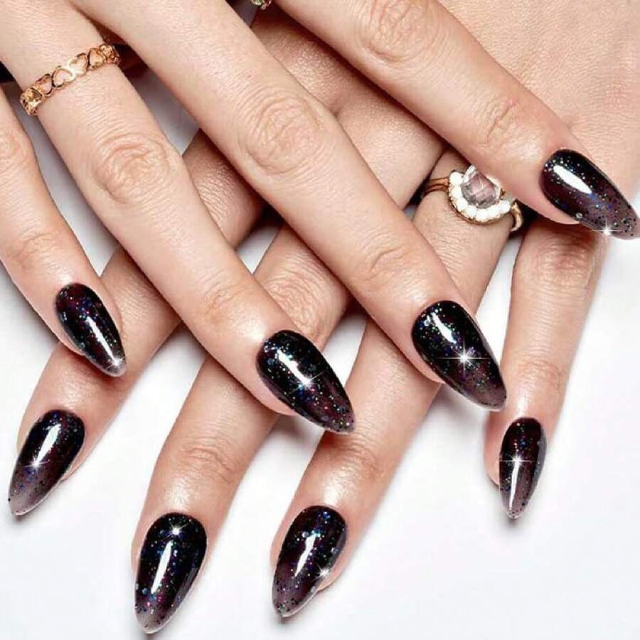Glitter Black Press On Nails Medium Almond, Handmade Glossy Jelly Soft Gel Glue On Nails Stiletto, Galaxy Shrimmer Fake Nails Short Oval, Reusable Acrylic Stick On False Nails Kit For Women,17114300 - 紫丁香色 - 查看 1