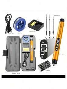 مُلحم رقمي USB مع شاشة LCD، زر ضبط درجة الحرارة، سلك ملحم، حامل ملحم، ماصّ قصدير، روزين، صندوق تخزين