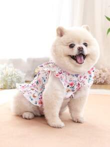 1pc Floral Ruffled Pet Dress With Purple Bow - Cute Princess Outfit For Small Dogs (Pomeranian/Teddy Bear) - Multicolor - View 5