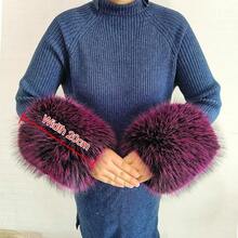 Fur Collar Cuffs Set Warm Fur Scarf Winter Women Fluffy Large Shawl Furry Scarves - Purplish Red - 查看 5