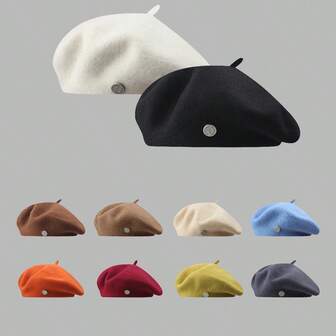 Boina de lana tejida con decoración de botones, elegante y clásica para mujer en otoño/invierno. Pendientes de perla brillantes y delicados. Gorra de pintor de unicolor retro. Adecuado para combinar a diario.