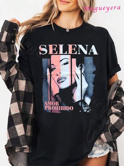 Camiseta suelta de algodón% suave para mujeres MGY con estampado gráfico de Selena, camiseta para fans, camiseta de cuello redondo de manga corta vintage a, lavable aáquina, casual perfecta para todas las estaciones100% algodón