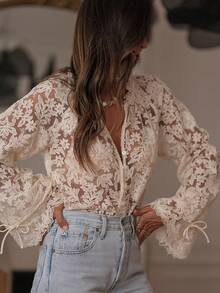 Women Sheer Lace Blouse Causal Loose Flower V Neck Long Flare Sleeve Button-Up Shirts For Outdoor Office Party - Màu be - Xem 1