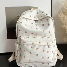 1 Pc White Nylon Floral Print Dual Zipper Large Capacity Fashionable Versatile Backpack, Student Bag, School Backpack - White - View 4