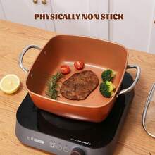 BDQ 4 Pcs Copper Chef Cookware Non Stick Deep Frying Pan 9.5" X 3.5", Fry Basket, Steamer Rack, Dishwasher & Oven, 5 Qt Deep Square Pot & Non Stick Pan, Induction Copper Cookware Set - trái cam - Xem 1