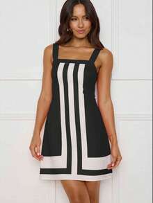Summer Women's Striped Mini Dress – Square Neck Color Block Short Sundress, Sexy Beach Vacation Outfit, Club Party Casual Dress, Y2K Cute Fashion Outfit - 黑白 - 查看 3