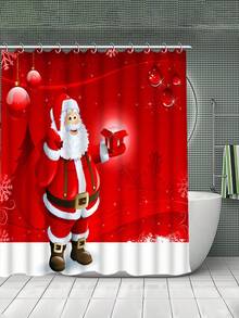 1/4pcs Christmas Red Christmas Theme Poster Full Of Holiday Santa Toilet U-Shaped Pad, Toilet Seat Pad, Bathroom Decoration, Bathroom Shower Curtain Set, Shower Curtains For Walk In Showers, With 12 Hooks,Suitable For Bathroom/Room/Home/Living Room Decoration.