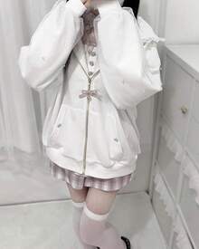 Women Cute Bunny Ear Long Sleeve Fuzzy Fluffy Rabbit Tops Sweatshirt Hoodie Coats - Bow-white - View 4