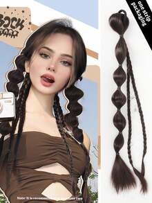 合成纖維長直髮自然氣泡辮馬尾假髮，配橡皮筋自然時尚 - 黑棕色 - 查看 10