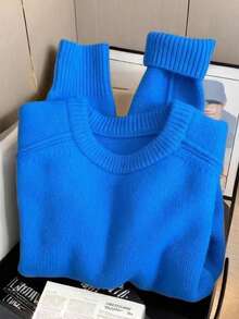 男士宽松圆领插肩袖针织毛衣，休闲秋冬 - 藍色 - 查看 2