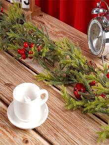 1pc Christmas Garland With Red Berries - Artificial Pine Needle Wreath For Mantle, Door, And Home Party Decor, Festive Holiday Decoration, Garden Style, Perfect For Creating A Cozy And Inviting Atmosphere, Christmas Decorations