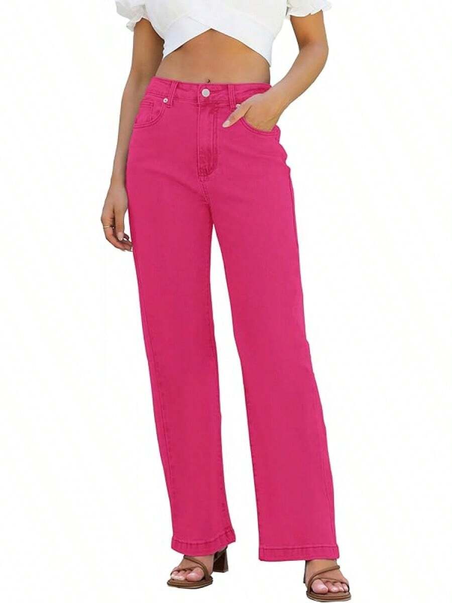 Jeans High Waisted Straight Leg Loose Jeanshalloween - 玫紅色 - 查看 1