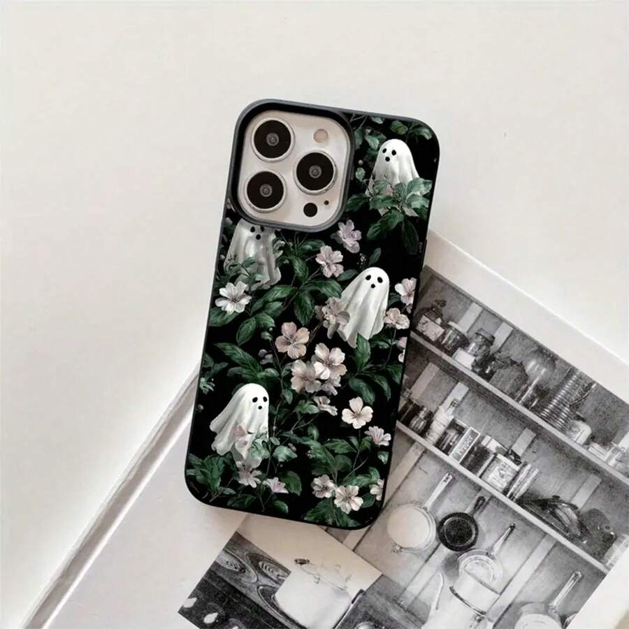 Fundas protectoras para teléfono con diseño de calabaza y flores de Halloween, con orificios grandes. Compatibles con phone 16 Pro Max, 16, 15 Pro, 14, 14 Plus/14 Pro Max, 13, 13 Pro, 12 Pro, 11/11 Pro. Regalos para cumpleaños y fiestas. - Negro - Ver 1