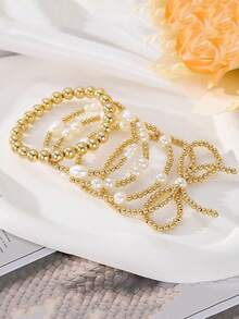 Bộ 7 vòng tay nhiều lớp đính hạt ngọc trai và sao biển, thiết kế xếp chồng theo phong cách Bohemian, phù hợp cho nữ, trang phục thường ngày khi đi biển - Sao biển vỏ sò - Xem 5