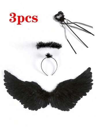 Set de 3 piezas de disfraz de ángel, incluye alas de ángel negras, diadema con aureola y varita para mujeres, adecuado para fiestas, bodas, actuaciones y decoraciones navideñas - Suministros de fiesta multifuncionales y asequibles, novedad única y linda - Ideal para el disfraz de ángel de Navidad y Halloween
