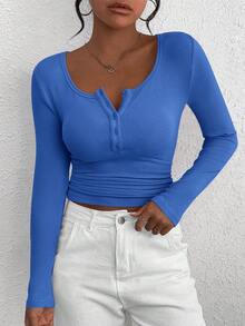 Women's Autumn Long-Sleeved Henry Shirt T-Shirt Button Ribbed Knit Fashion Tight Basic Top Shirt - Xanh đậm - Xem 5