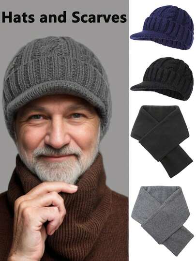 1 szt./2 szt. męska czapka z krótkim daszkiem z językiem kaczym na zimę, pluszowa dla osób w średnim i starszym wieku, ciepła wełniana czapka z kręconymi kawałkami ciasta, ciepły szalik na jesień i zimę, modny i prosty, jednolity kolor męski polar, szalik chroniący przed zimnem