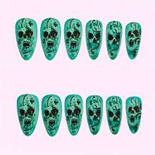 Halloween Press On Nails Long Almond Gradient Aqua Green Halloween Fake Nails Black Skeleton False Nail Horrible Goth Nails Press Ons For Women Nail Art DIY 24Pcs,17114483 - Cà phê nâu - Xem 5