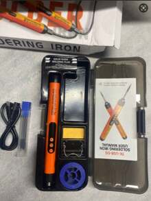 مُلحم رقمي USB مع شاشة LCD، زر ضبط درجة الحرارة، سلك ملحم، حامل ملحم، ماصّ قصدير، روزين، صندوق تخزين