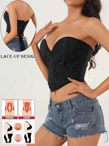 1PC Women Corset Tops For Women Going Out Lace Mesh Date Night Top Corset Crop Top Lace Up Brocade Overbust Bustiers Body Shaper Lingerie Sexy Woman Push Up Corselet Waist Cincher Corset Shapewear Body Fashion Shaper - Black - View 5