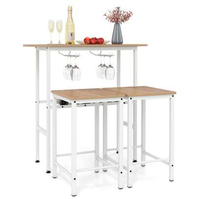  GOFLAME 3 Piece Counter Height Table Set, Oval Dining Table & 2 Stools With Wine Rack, Wine Glass Holders, Footrest & Metal Frame, Pub Dinette Furniture For Kitchen, Bistro, Breakfast Nook