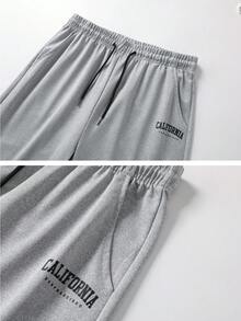 男士字母印花弹力腰运动裤，秋冬季薄款休闲抽绳长裤 - 灰色 - 查看 4