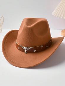1pc Unisex Polyester Western Cowboy Hat, A Retro-Style Hat Suitable For Both Men And Women, With A Brown Belt And Bull Head Chain, Perfect For Casual Wear And Western Cowboy Parties - Brown Leather Bull Head Round Rivet Hat - View 5