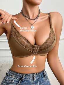 1 件装成熟魅力 - 优雅无钢圈/无衬垫/无缝舒适前扣蕾丝拼接文胸，配有细肩带，适合女士 - 咖啡棕 - 查看 5