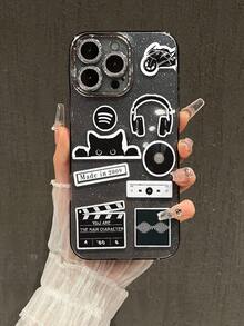 1pc Black Glitter Base Black & White Sticker Style Phone Case, Earphone Vinyl Record Cat Movie Clapperboard Player Creative Collage Transparent Full Coverage Soft Shell Retro Cool Unisex Protective Case Compatible With IPhone17/17Pro/17ProMax/16/16Plus/16ProMax/15ProMax/11/12/13/14 Series - Fine Black Glitter - View 1