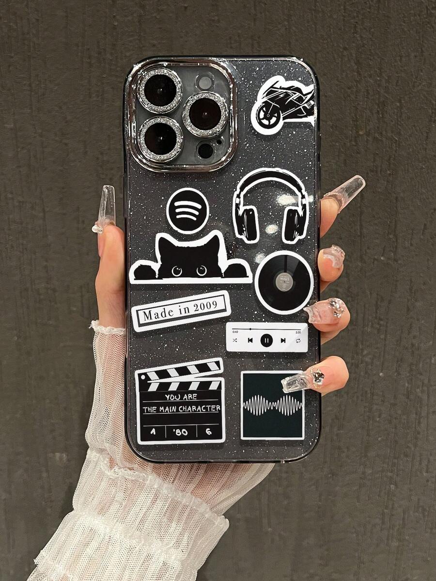 1pc Black Glitter Base Black & White Sticker Style Phone Case, Earphone Vinyl Record Cat Movie Clapperboard Player Creative Collage Transparent Full Coverage Soft Shell Retro Cool Unisex Protective Case Compatible With IPhone17/17Pro/17ProMax/16/16Plus/16ProMax/15ProMax/11/12/13/14 Series - Fine Black Glitter - View 1