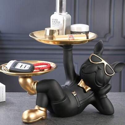 Okesyo Bulldog 豪华法国斗牛犬双托盘电视柜客厅桌面装饰，创意高端家庭办公室入口储物礼物