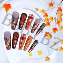 24 PCS Luxury Handmade Press On Nails Long Coffin Fake Nails With Rhinestones Designs Glitter Fall Leaves Press On Y2k False Nails Autumn With Maple Leaf Stick On Nails Thanksgiving For Women DIY,17114395 - 駝色 - 查看 5