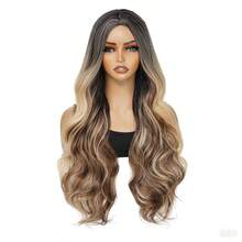 30 Inch Long Body Wave Wig | Brown With Blonde Highlights | Heat-Resistant Synthetic Hair | Chic Elegant Waves For Women | Versatile For Daily Glam & Special Occasions - Màu nâu ombre - Xem 4