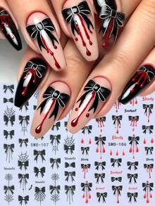Miếng dán móng tay 5D hình nơ đen và mạng nhện 2 chiếc họa tiết giọt máu Halloween, thiết kế phong cách tối giản thanh lịch tự làm Y2K, thời trang thu đông, làm móng, miếng dán trang trí móng tay, phụ kiện làm móng - Nhiều màu - Xem 2