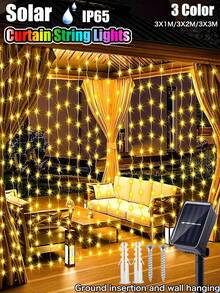 Solar Curtain String Lights, Outdoor Waterproof Garden Christmas Decoration,Fairy Lights 8 Lighting Modes,100/200/300 Leds, Light String For Garden Yard Pavilion Fairy Garland String Lights Holiday,Window, Bedrooms, Wall, Room, Pavilions, Tents, Party, Porch ,Wedding, Garden Background Decoration - Black - View 3