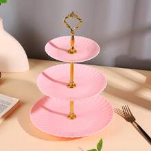 粉色三层塑料甜点架，金色手柄，适合派对上展示水果、小吃和甜点 - 粉色 - 查看 2