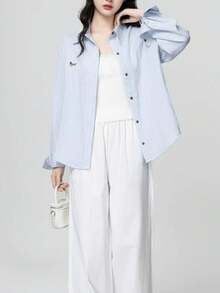 Women's Casual Woven Dolman Shirt, Collared, Button Front - Baby Blue - View 4