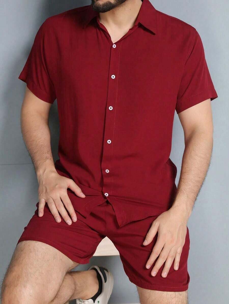 Conjunto Camisa e Short Florido Havaiano Estampado Listrado Adulto Masculino Tecido de Viscose - Vinho - Visão 1