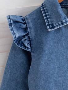 年轻女孩优雅时尚盖袖单排扣长袖连衣裙，适合日常、户外、度假、通勤、春秋季 - 藍色 - 查看 4